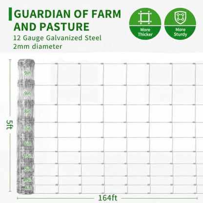 Farm Fence 5ft x 164ft, 12 Gauge Heavy Zinc Coating Cattle Panel Fence Galvanized Woven Wire Field Fencing Livestock Fence, Durable Chain Link Hog Wire Fencing for Yard Garden Sheep Goat Deer Horse - size: 5ft x 164ft