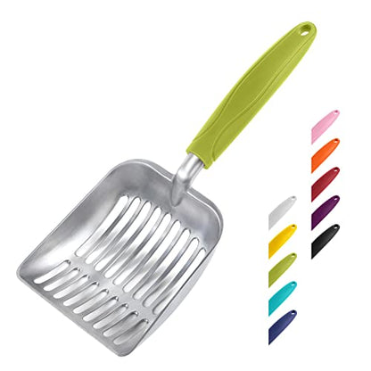 WePet Cat Litter Scoop, Aluminum Alloy Sifter, Kitty Metal Scooper, Deep Shovel, Long Handle, Poop Sifting, Kitten Pooper Lifter, Durable, Heavy Duty, for Litter Box - color: FLAT Aluminum \ #03 Green Handle, size: Small