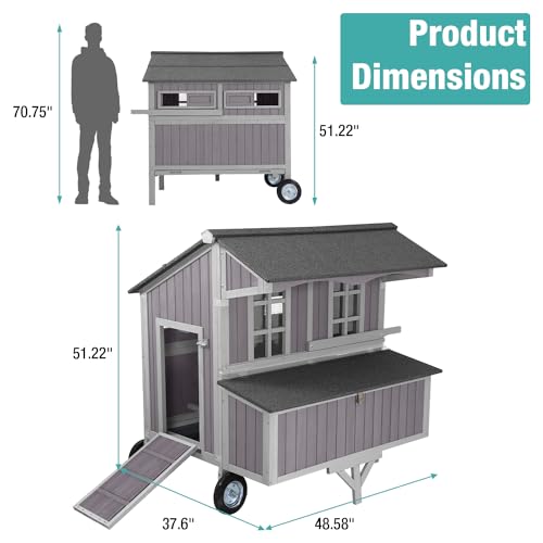 Outdoor Chicken Coops with Large Wheels,Wooden Hen House with 3 Nesting Boxes Leak Proof Pull-on Tray and UV-Resistant Roof Panel - color: Grey, size: 48.58"L x 37.58"W x 51.22"H