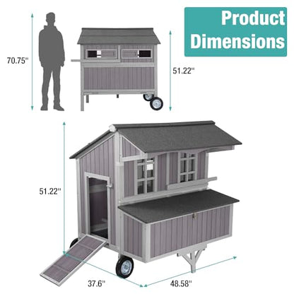 Outdoor Chicken Coops with Large Wheels,Wooden Hen House with 3 Nesting Boxes Leak Proof Pull-on Tray and UV-Resistant Roof Panel - color: Grey, size: 48.58"L x 37.58"W x 51.22"H