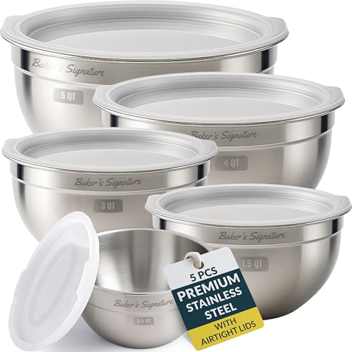 Baker's Signature Stainless Steel Mixing Bowls With Lid, Metal Mixing Bowl Set Of 5, Nesting Set For Food Prep, Baking,Storage, Cooking, Serving | Dishwasher Safe, 0.5/1.5/3/4/5 Qt - size: Set of 5