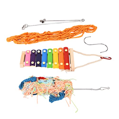 Chicken Toys 4 Pack | Xylophone & Hanging Feeder for Parrots/Ducks/Macaws | Colorful Chewing Toys & Net Bag with S Hooks | Alleviate Boredom in Coops