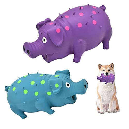 Pig Squeaky Dog Toy, 2 PCS Interactive Rubber Dog Chew Toy - Durable Latex Spot Grunting Pig Toys that Oink for Small Medium Large Dogs (Blue, Purple) - color: Blue, Purple