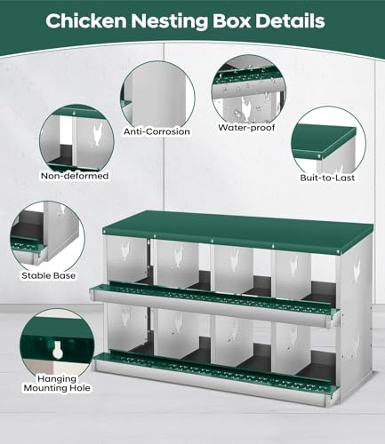 8 Compartment Chicken Nesting Boxes, Metal Roll Away Egg Laying Boxes with Removable Tray & Lid Cover, Chicken Coop Nest Box for Hens, Egg Protection Design (Without Legs) Green - color: Green, size: 8 hole - without leg