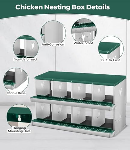 8 Compartment Chicken Nesting Boxes, Metal Roll Away Egg Laying Boxes with Removable Tray & Lid Cover, Chicken Coop Nest Box for Hens, Egg Protection Design (Without Legs) Green - color: Green, size: 8 hole - without leg