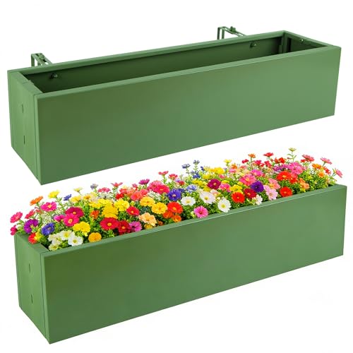 2 Pack Metal Railing Planter Box, 30 Inch Balcony Planters with Adjustable Brackets, Large Hanging Planters for Outdoor Fence Deck - color: Green 2pcs