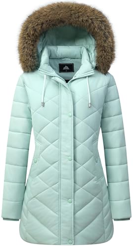 Women's Long Warm Winter Coat Windproof Thickened Fleece Lined Down Jacket Waterproof Puffer Outerwear with Removable Hood - color: Light Green, size: Medium