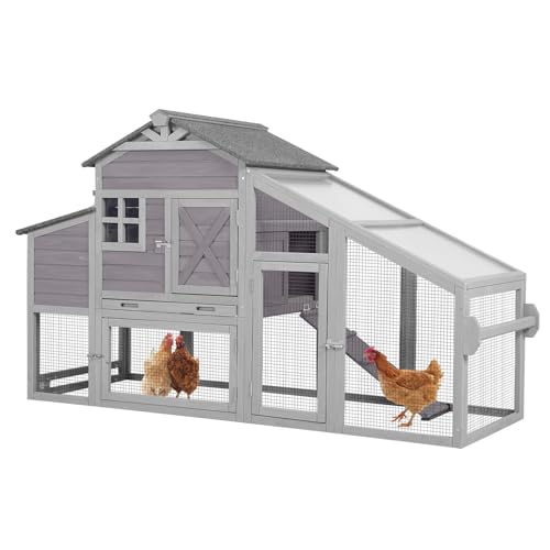 Chicken Coop for 2-4 Chickens: 2-Story Weatherproof Wooden Hen House with Wheels & Leakproof Tray | Ventilated Outdoor Poultry Cage, 2 Nesting Boxes, Shade Roof & Easy-Clean Design (Grey) - color: Grey, size: 73.4"L x 24.2"W x 43.2"H