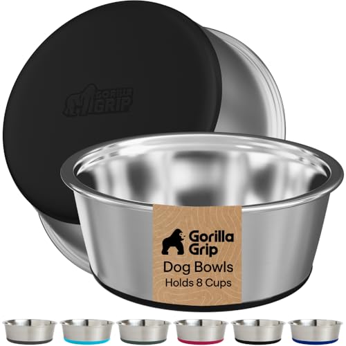 GORILLA GRIP Dog Bowls, Food Grade 304 Stainless Steel, Holds 8 Cups Each (64 fl oz) Food and Water Bowl for Feeding Dogs and Cats, Dishwasher Safe, Rust Resistant, BPA Free Rubber Base Set of 2 Black - color: Black, size: 8 Cup (64 Oz)