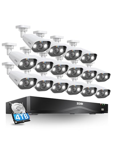 ZOSI 16CH 4K PoE Security Camera System with 4TB HDD, 16x 8MP Outdoor Cams | Human/Vehicle Detection, 2 Way Audio, Color Night Vision, 16 Port 32 Channel 8MP Dual-Disk NVR, for 24/7 Recording - size: 16CH+16Cam+4TB