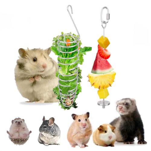 Mice Hanging Slow Feeder Vegetable Holders Stainless Steel Pets Cage Enrichment Foraging Toy for Ferret Bunny Squirrel Rat Parrot Bird (2PC)
