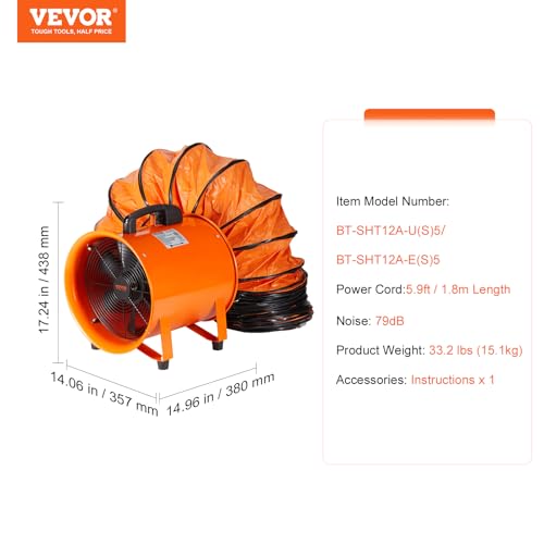 VEVOR Air Mover Blower Fan 12 Inch, 3198CFM 585W with 16.4ft Flexible Duct, Industrial Portable Ventilator Blower/Exhaust - size: 12in-16ft