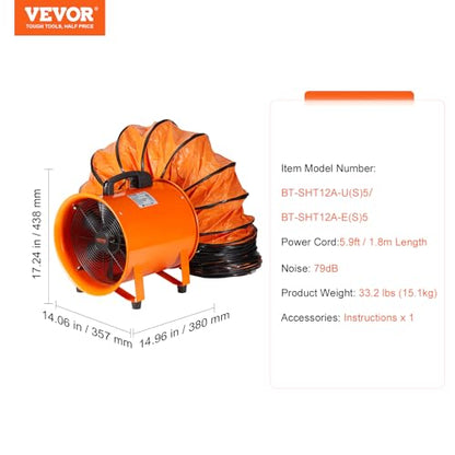 VEVOR Air Mover Blower Fan 12 Inch, 3198CFM 585W with 16.4ft Flexible Duct, Industrial Portable Ventilator Blower/Exhaust - size: 12in-16ft