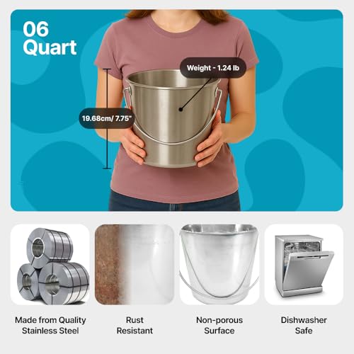 1.5 Gallon Heavy Duty Stainless Steel Bucket - Rust-Resistant Metal Bucket for Feeding & Watering Pets, Livestock & Cleaning - Perfect for Crates, Kennels, Cages & Hang on Fences - 6 Quart - size: 6 Quarts