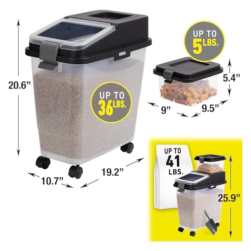 Mighty Tuff 3 Piece Airtight Dog Food Storage Container, Up to 36 lbs, with 5 lbs Dog Treat Container and Portion Scoop – BPA Free Airtight Pet Food Bin on Wheels