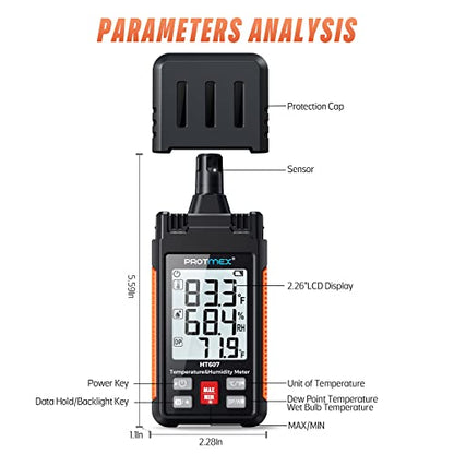 Protmex HT607 Temperature Humidity Meter High Precision Digital Hygrometer with Ambient, Relative Humidity, Dew Point, Wet Bulb Thermometer, Min/Max Hold, LCD Backlight with Cover Protector