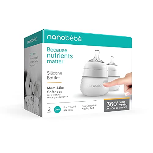 Nanobebe Flexy Silicone Baby Bottle, Anti-Colic, Natural Feel, Non-Collapsing Nipple, Non-Tip Stable Base, Easy to Clean 2-Pack, White, 5 oz - color: White, style: 5 Ounce 2-Pack