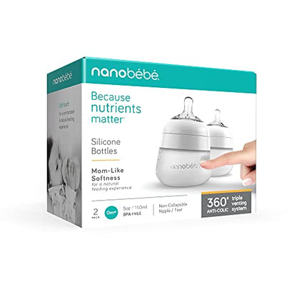 Nanobebe Flexy Silicone Baby Bottle, Anti-Colic, Natural Feel, Non-Collapsing Nipple, Non-Tip Stable Base, Easy to Clean 2-Pack, White, 5 oz - color: White, style: 5 Ounce 2-Pack