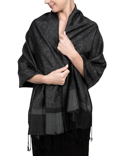 Achillea Two-Tone Vintage Paisley Pashmina Scarf – Lightweight Wrap & Shawl for Dresses, Weddings, Travel, All Seasons - color: Charcoal Gray