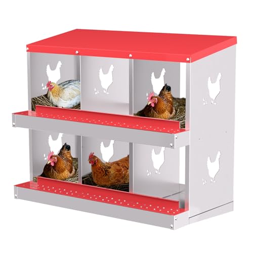 Chicken Nesting Box, 6 Compartment Chicken Nesting Box, Metal Chicken Laying Boxes with Perch, Metal Roll Away Eggs Laying Boxes, Versatile Wall Mount or Free Standing for Chickens - color: red, size: 6 holes