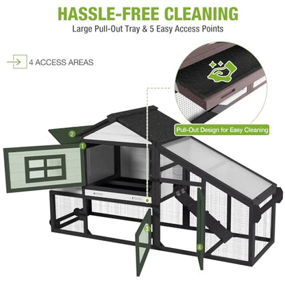GUTINNEEN Chicken Coop with Wheels,Outdoor Hen House with Waterproof Asphalt Roof, Wooden Poultry Enclosure with Easy-Clean Slide-Out Tray,Poultry Cage with Nesting Boxes for Duck Rabbit Chicken-Black - size: 67.3"L x 26.0"W x 39.4"H