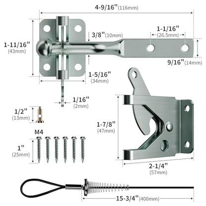 Gate Latch with Spring Cable Pull for Fence Gate - Carbon Steel - Black, Self Locking Fence Gate Latch, Door Latch for Outdoor Fence, Secure Pool, Garden, Shed, Cage (1, Galvanized Silver)