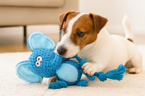 Cotton Rope Squeaky Dog Toy with Crinkle Paper – Interactive Plush Chew Toy for Small & Medium Puppies, Elephant Design - color: Blue