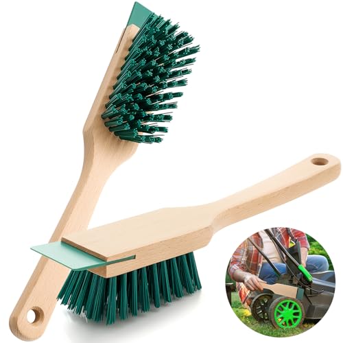 CroBlissful 2 Pcs Heavy Duty Scrubbing Brush Stiff Bristle Brush with Wood Handle and Scraper for Lawn Mower Deck Scraper Cleaning Outdoor Boot Scrub Brushes