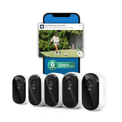 Arlo Essential Security Camera 2K (3rd Gen, 2025 Release) 5 Cam + 6 Months of Secure Plus Plan - Wireless Outdoor Camera, Battery Power, Person Recognition, Package Detection, Animated Preview, White - color: White, size: 5 Cameras, style: Battery Power