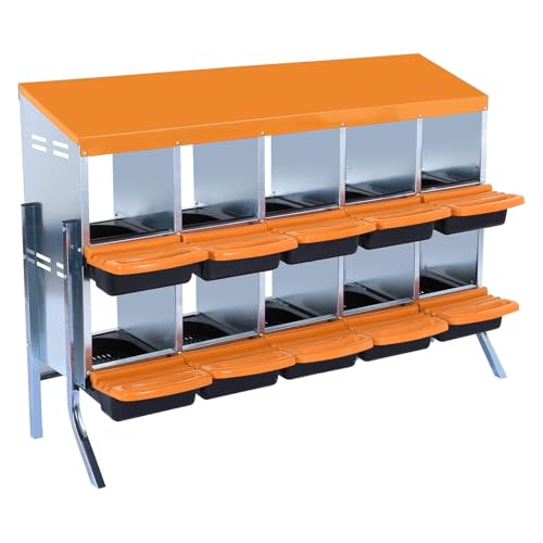 GarveeHome 2-Tier Chicken Nesting Box, 10 Compartment Metal Chicken Laying Boxes with Waterproof Roof ＆ Removable Trays for Hens, Poultry，Easy Egg Collection - color: Orange, size: 10 holes with legs
