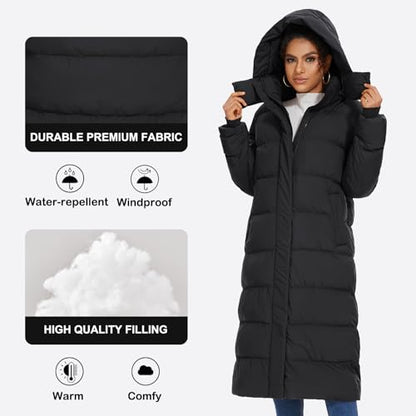 ROYAL MATRIX Women's Long Quilted Puffer Coat, Winter Warm Maxi Puffer Jacket with Detachable Hood - color: Black, size: Small