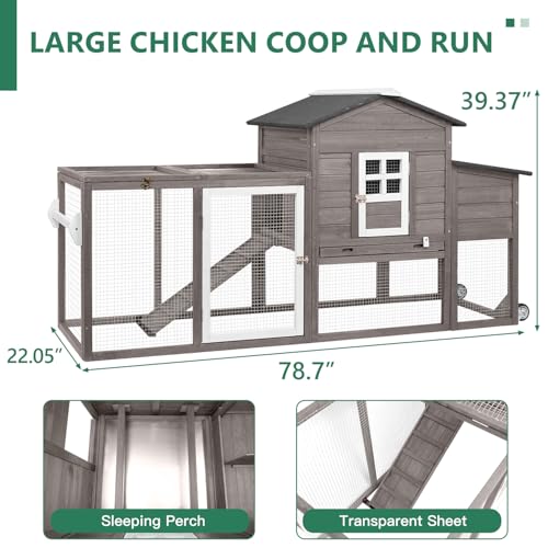 158" L Large Chicken Coop with Run, Mobile Chicken Hen House with Wheels, Nesting Boxes, Outdoor Rabbit Hutch, Poultry Cage for Chickens Ducks Bunny with Removable Tray, Ramp (Grey) - color: 158" L Grey