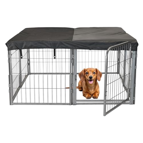 Dog Playpen w/Square Top Shade Cover - 24 inch, 8 Panel Portable Grey Metal Pet Play Pen for Small Dogs & Puppies - Indoor/Outdoor Kennel Cage for Home, Yard, RV, or Camping - size: 24 Inch