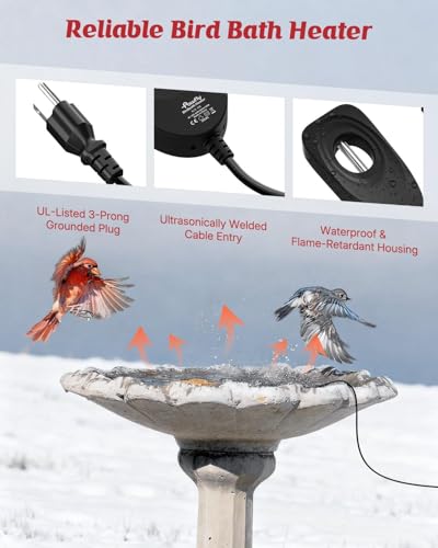 Pawfly 50 W Bird Bath Heater for Outdoors in Winter, Birdbath Heater with Thermostat, IPX8 Waterproof Submersible Bird Bath Deicer, Chicken Water Heater, Winter Water Heater for Livestock Wildlife