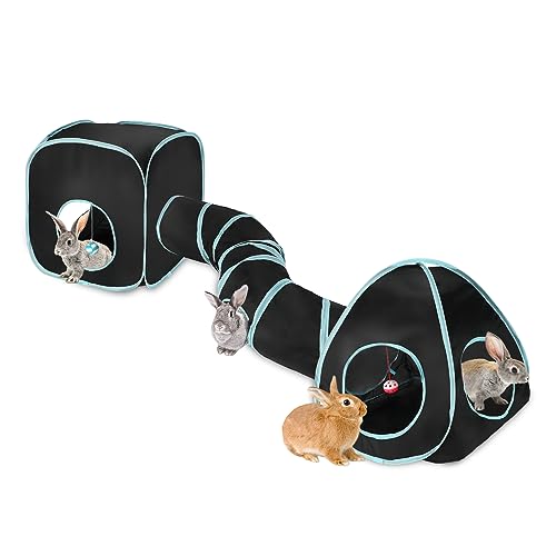 YUEPET Rabbit Tunnel and Cube Collapsible Tent Bunny Interactive Crinkle Tunnel Toys Small Animal Hideout with Play Ball for Dwarf Rabbit Bunny Guinea Pig (Blue Black) - color: Black Blue