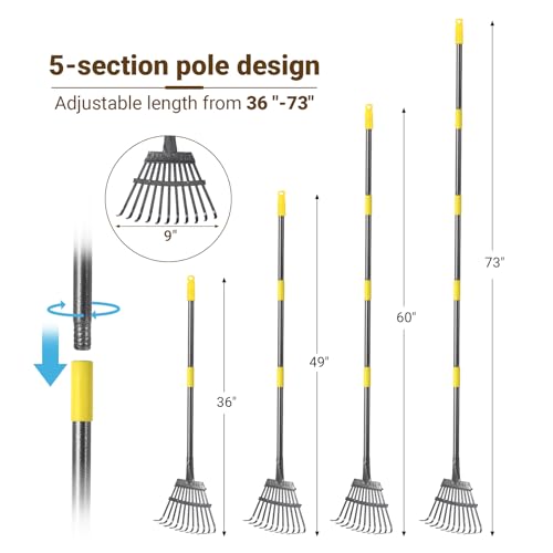 2pcs adjustable heavy 10 inch wide shovel area of chicken scooper for poop（36.6-61.8"long）and 11 tooth chicken coop rake（36.7-73"long）. Suit for cleaning chicken coops, racecourses, and sheep pens