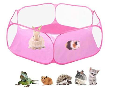Small Animals C&C Cage Tent, Breathable & Transparent Pet Playpen Pop Open Outdoor/Indoor Exercise Fence, Portable Yard Fence for Guinea Pig, Rabbits, Hamster, Chinchillas and Hedgehogs (Pink) - color: Pink