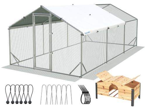 Quictent Advanced Series 18x9 ft Metal Chicken Coop Run with Wooden Nesting Box, Large Walk-in Outdoor Poultry Cage Heavy Duty Predator Proof Hen Duck Rabbit Farm Pen House, Waterproof Anti-UV Cover - color: Beige, size: 18x9 ft