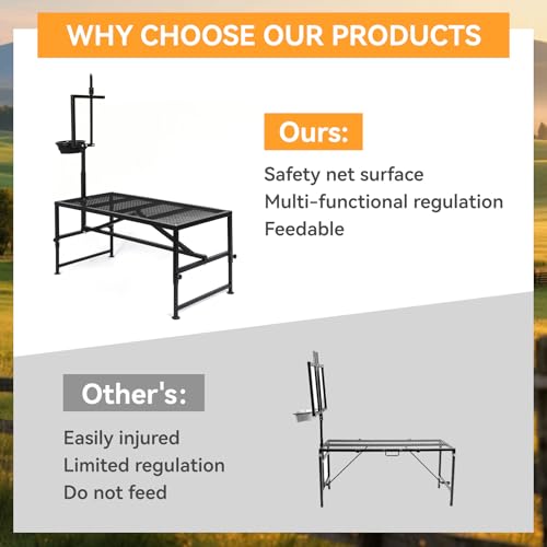 Goat Milking Stand with Feed Bin, 600 LBS Heavy Duty Sheep Trimming Stand, Adjustable Headpiece Livestock Stanchion, Stable Metal Hoof Trimming Platform for Grooming & Shearing, Farm Equipment
