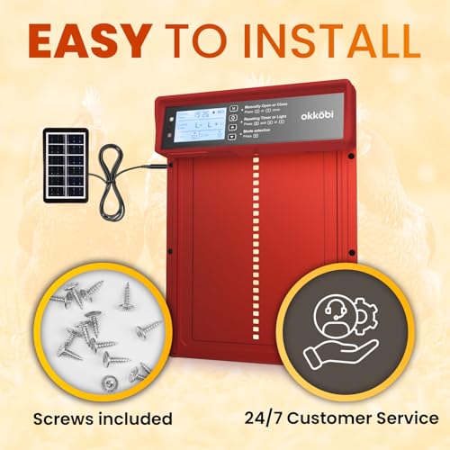 Okkobi Automatic Chicken Coop Door Solar Powered - LCD Display - Chicken Coop Door with Remote Control, Light Sensor & Timer - Security & Peace of Mind: Anti-Pinch Function - 5-Year Protection - Red - color: Red