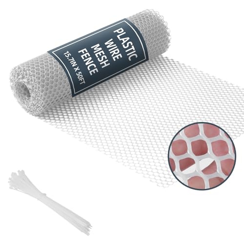 Plastic Wire Mesh Fence, 1.3ft x 50ft /15.7in x 600in Plastic Chicken Wire Fence Mesh Versatile Plastic Fencing Wire Netting Poultry Animal Barrier Fence with 150 Zip Ties for Garden & Farm, White - color: White