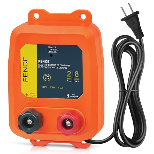 Electric Fence Charger PE2 0.10 Joule, 2-Mile/ 8 Acres Plug in Electric Fence Charger, for Dogs, Livestock, Squirrels, Chicken Coops (Orange) - color: ORANGE, size: 2 MILE