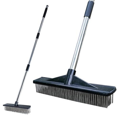 Heavy Duty Wire Push Broom Brush, 15.7" Stainless Steel Bristle Deck Brush with Long Handle for Removing Weeds, Outdoor Broom for Rough Surface Dirt
