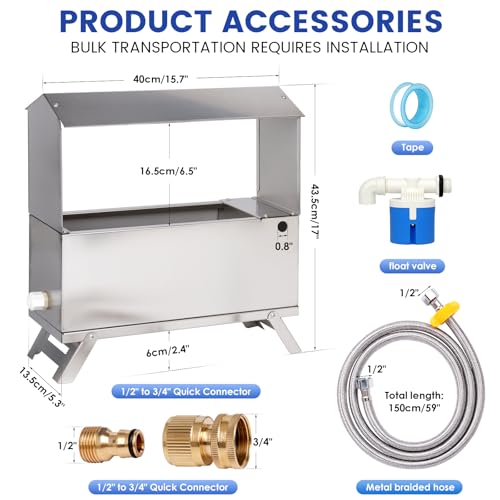 1.6 Gal Automatic Chicken Waterer Stainless Steel Poultry Waterer Dispenser with Float Valve Kit and Bottom Bracket Chicken Waterer Feeder for Hen Duck Goose Turkeys