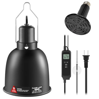 5.5 inch Reptile Heat Lamp Fixture with Thermostat and Timer,Reptile Light Fixture with 100W Ceramic Heat Emitter, PID Temperature Controller for UVB Lights, Basking Bulbs and Terrariums - size: 5.5 inch with CHE Bulb