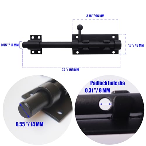 8Inch Barrel Bolt Latch with Padlock Hole, Slide Bolt Gate Latch Black, 304 Stainless Steel Small Door Lock Hardware for Fence/Barn/Yard Door/Interior Door Latch - size: 8 Inch