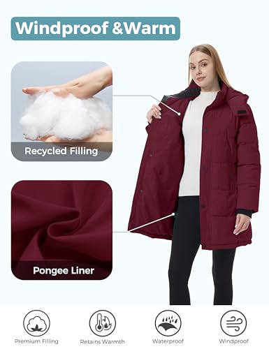 ZSHOW Women's Long Quilted Winter Coat Waterproof Warm Puffer Jacket Parka with Detachable Hood - color: Wine Red, size: Medium