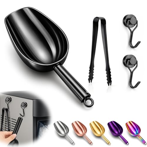 Stainless Steel Ice Scoop for Freezer with Magnetic Hook & Ice Tongs - Ice Scoop for GE Profile Opal 2.0 Nugget Ice Maker, for Kitchen Bar Party Accessories (6OZ-Black) - color: Black, size: 6oz
