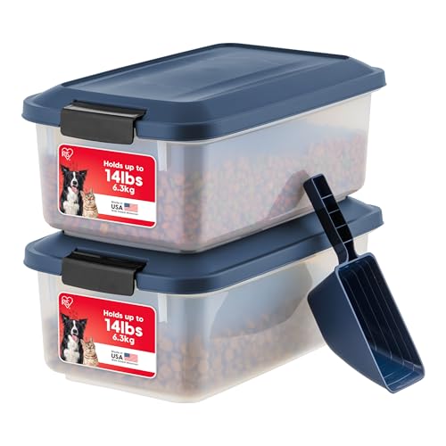 IRIS USA WeatherPro Airtight Pet Food Storage Container, Up to 14 lbs, Dog Cat Bird and Other Pet Food Storage Bin Keep Pests Out Translucent Body BPA Free Stackable, 2 Pack, Navy - color: Navy, size: 14 lbs - 2 Pack