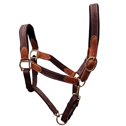Vibrania Padded Leather Pony Horse Halter in Two Tone Super Soft Premium Distressed Leather with Solid Brass Hardware (Pony Size, Brown) - color: Brown, size: Pony Size